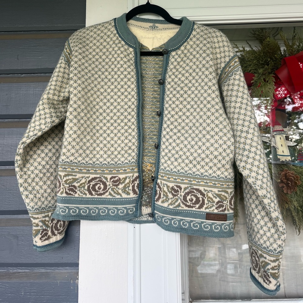 Dale of Norway Sz S Gorgeous Creamy Ivory Blue Floral Knit Sweater Jacket Wool